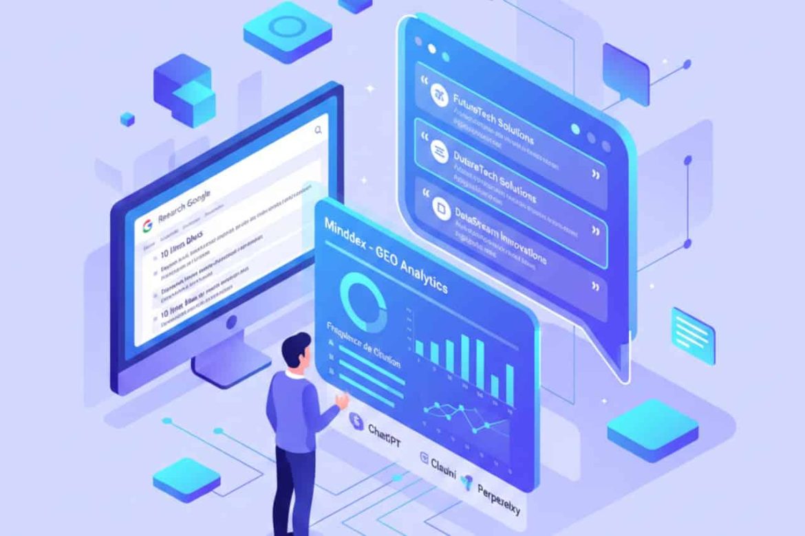 Illustration isométrique montrant un utilisateur analysant des données sur l'interface logicielle Minddex - GEO Analytics avec des graphiques et des résultats de recherche.