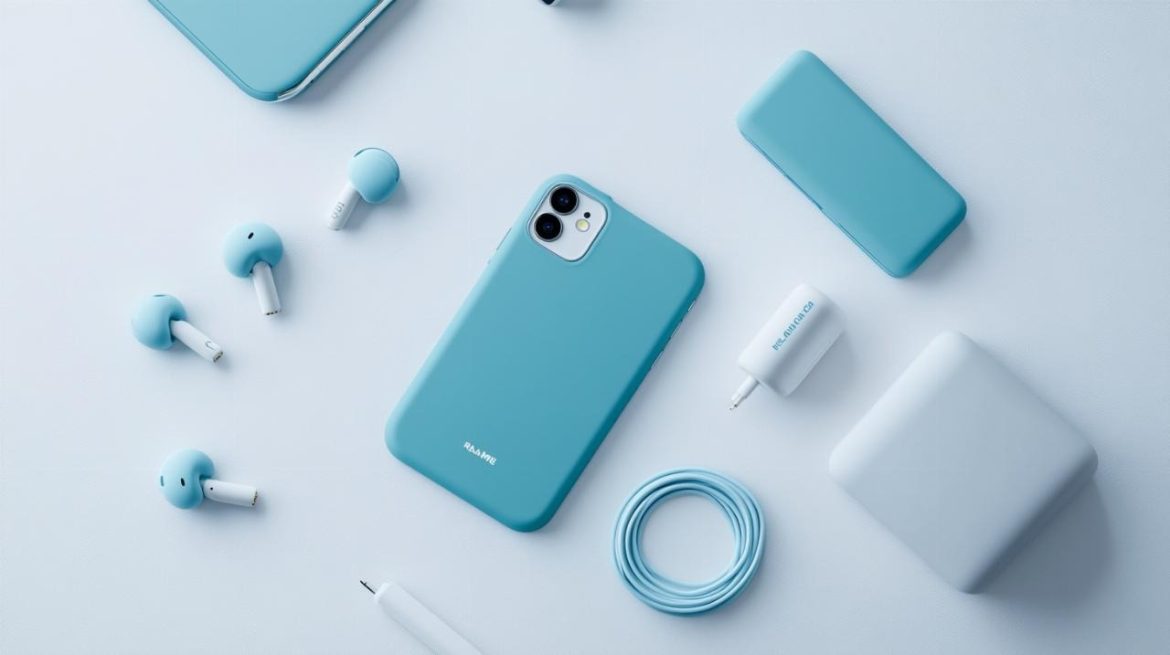 Smartphone bleu ciel entouré d'écouteurs sans fil et d'accessoires de la série C de Realme sur un fond épuré