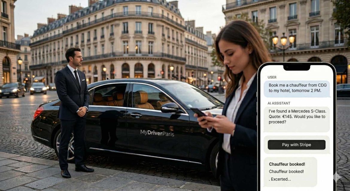 Une femme utilise son smartphone pour réserver un service de chauffeurs privés à Paris devant une berline de luxe avec chauffeur en costume