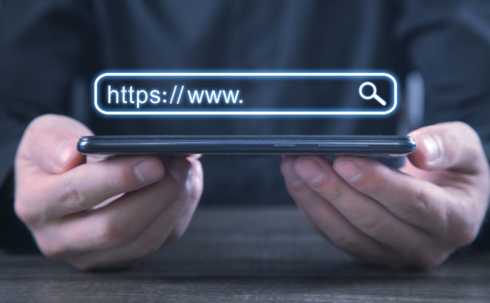 Mains tenant un smartphone affichant une barre de recherche URL pour effectuer une vérification Whois domaine
